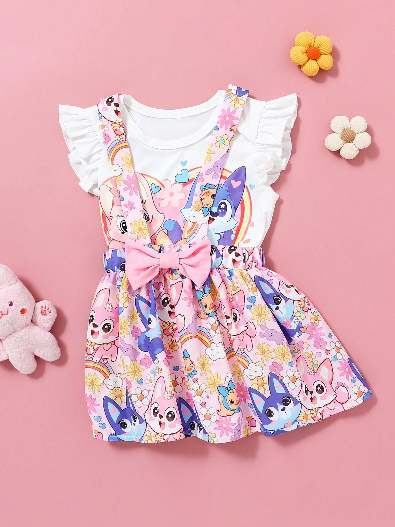 2pcs Baby Girls Casual Everyday Matching Cute Cartoon Puppy & Fox Print Jumpsuit And Skirt