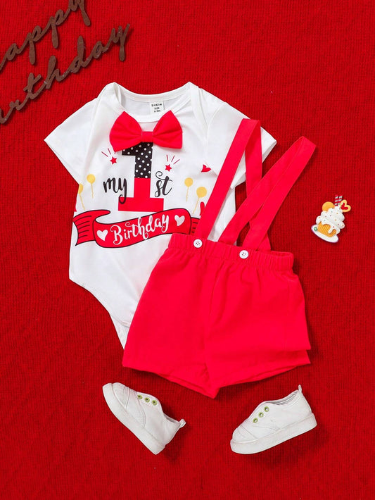 2pcs Baby Boys Casual Daily Gentleman School Style Cute Slogan Letter Printed 1st Birthday Romper And Shorts Red