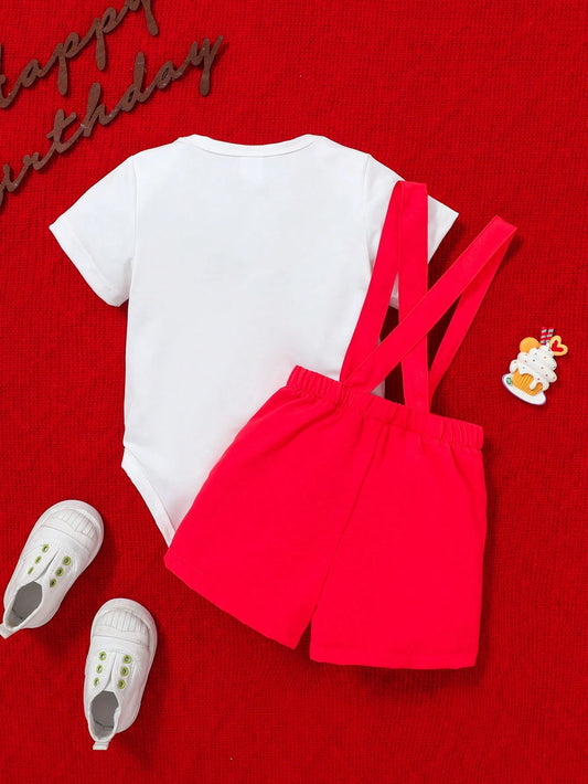 2pcs Baby Boys Casual Daily Gentleman School Style Cute Slogan Letter Printed 1st Birthday Romper And Shorts