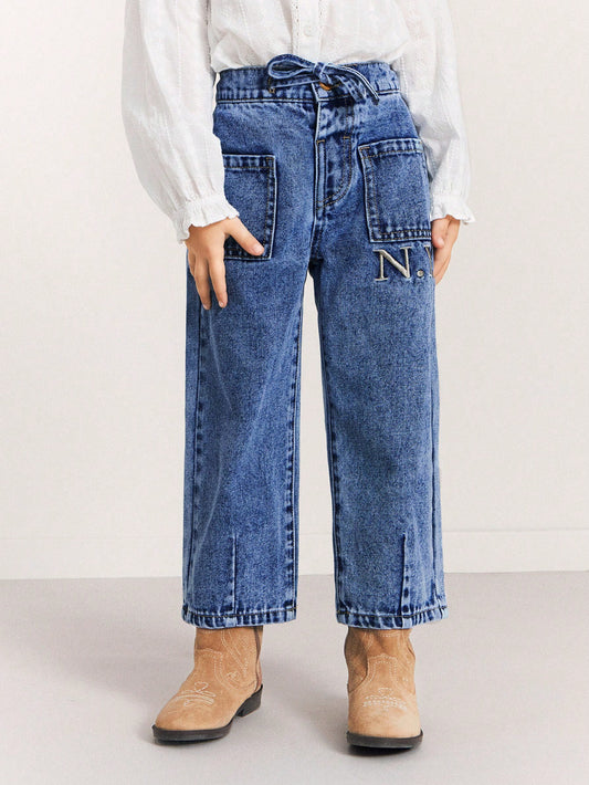 THE HAPPY LOOK Young Girls Blue Denim Elastic Waist Jeans With Embroidered Letter Design