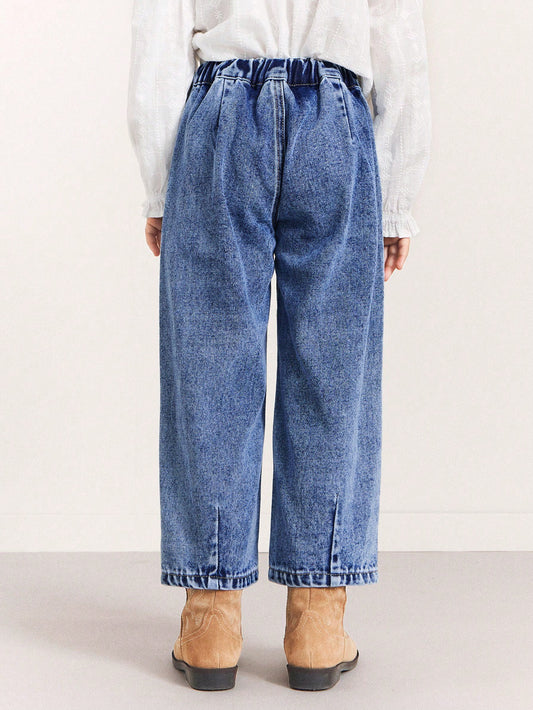 THE HAPPY LOOK Young Girls Blue Denim Elastic Waist Jeans With Embroidered Letter Design Blue