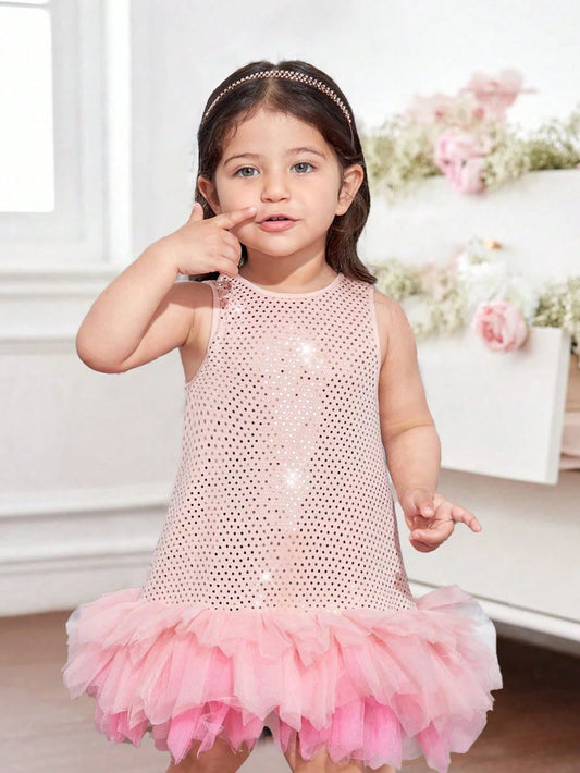 Baby Girl Pink Sequin Contrast Mesh Ruffle Hem Sleeveless Elegant Dress Pink