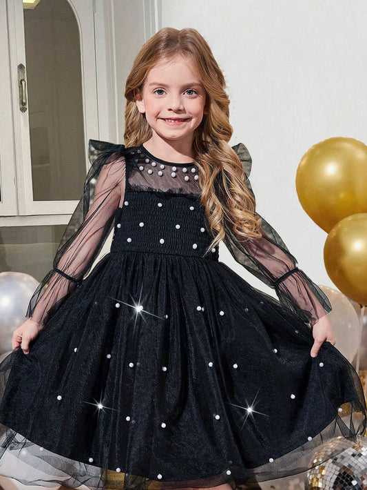 Young Girl's And Young Girl's Elegant Delicate Tulle Rhinestone Embellished Dress Black