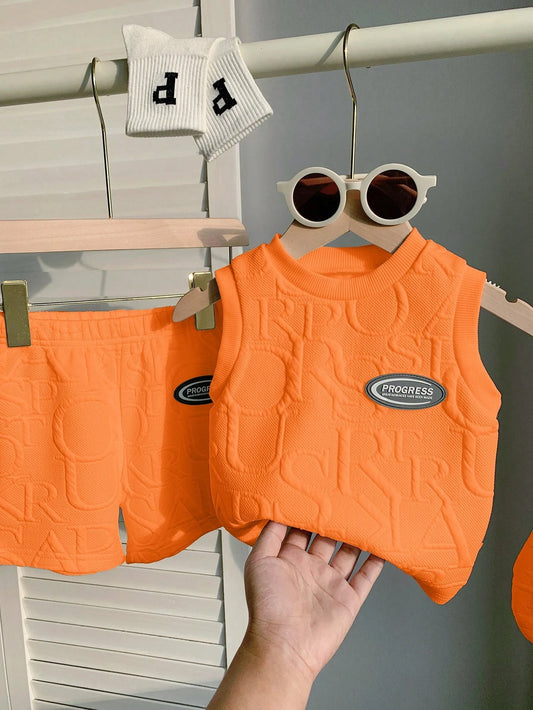 Baby Boy Casual Minimalist Sports 3D Letter Graphic Fabric Sleeveless Top And Shorts 18-24M
