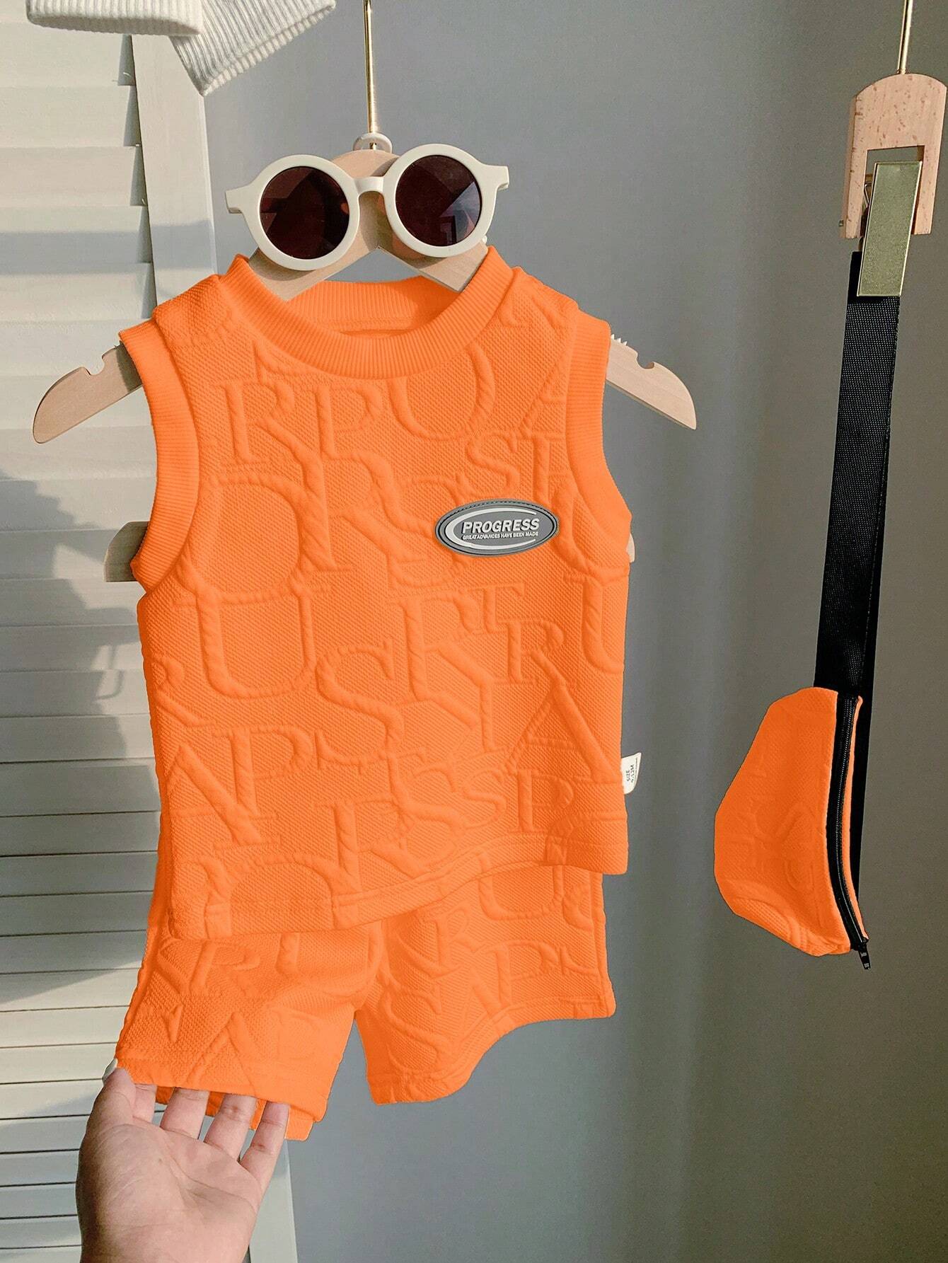 Baby Boy Casual Minimalist Sports 3D Letter Graphic Fabric Sleeveless Top And Shorts