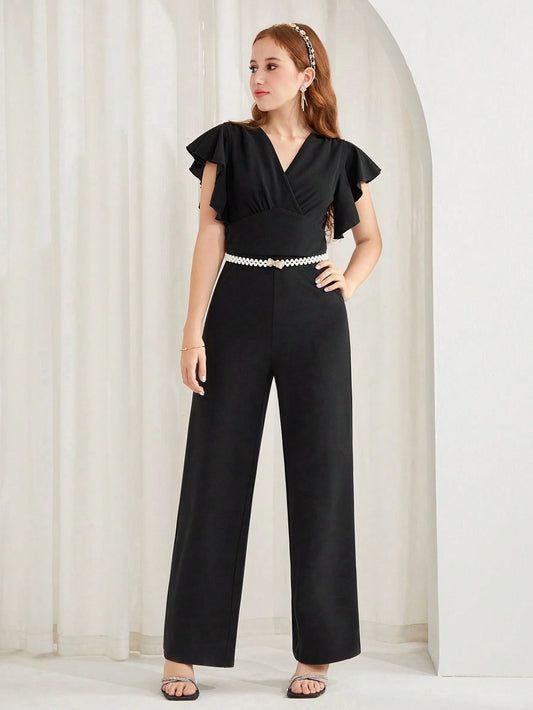Teen Girl Black, Elegant, Party, Outdoor, Butterfly Sleeve Jumpsuit Black