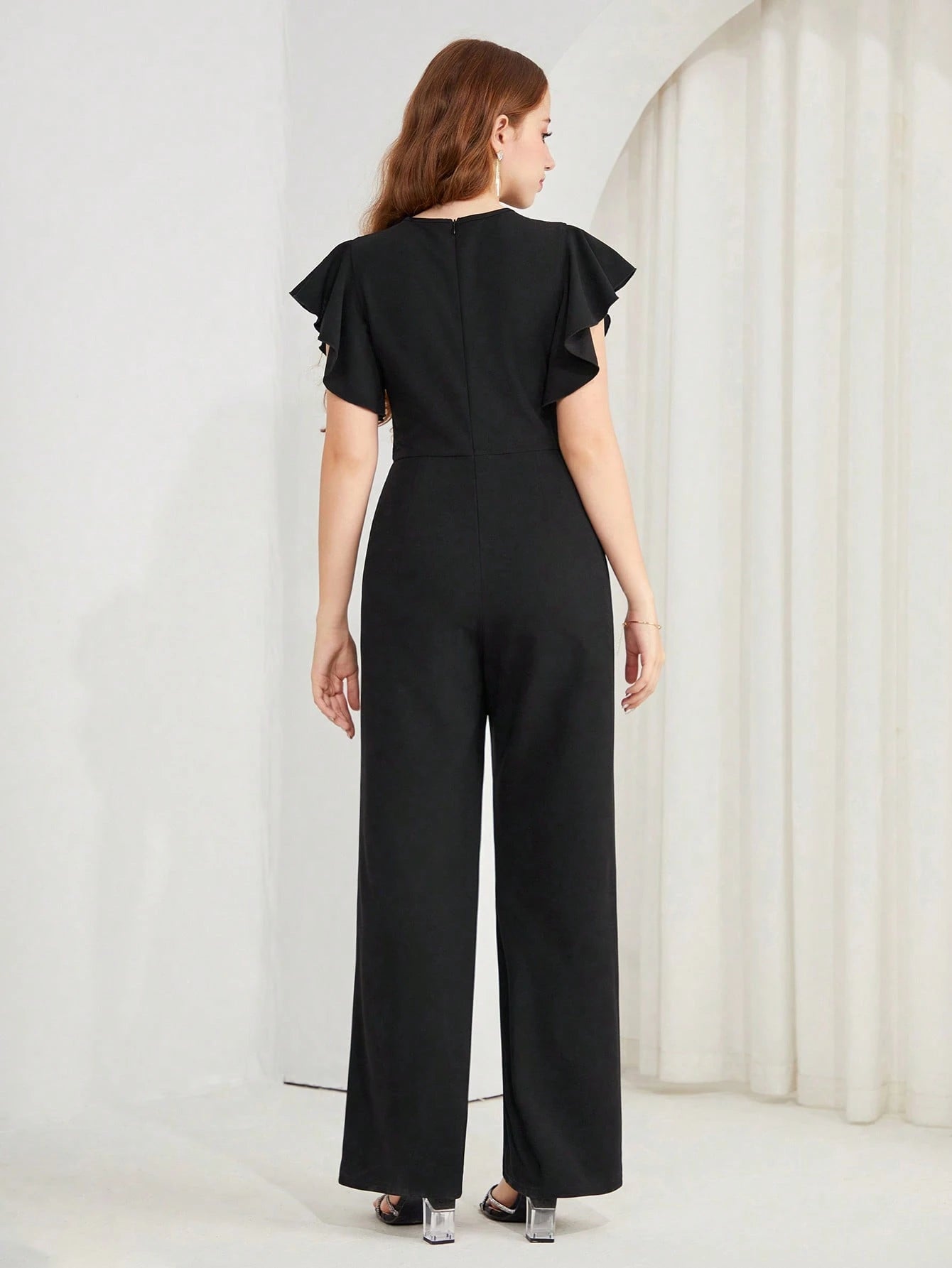 Teen Girl Black, Elegant, Party, Outdoor, Butterfly Sleeve Jumpsuit