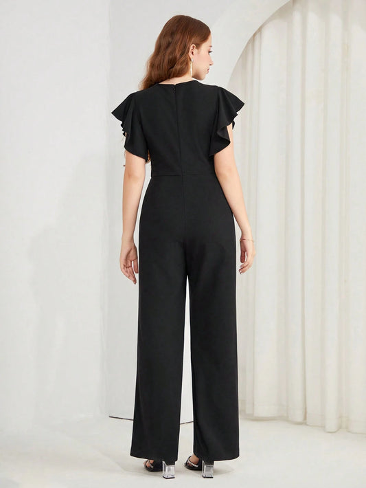 Teen Girl Black, Elegant, Party, Outdoor, Butterfly Sleeve Jumpsuit