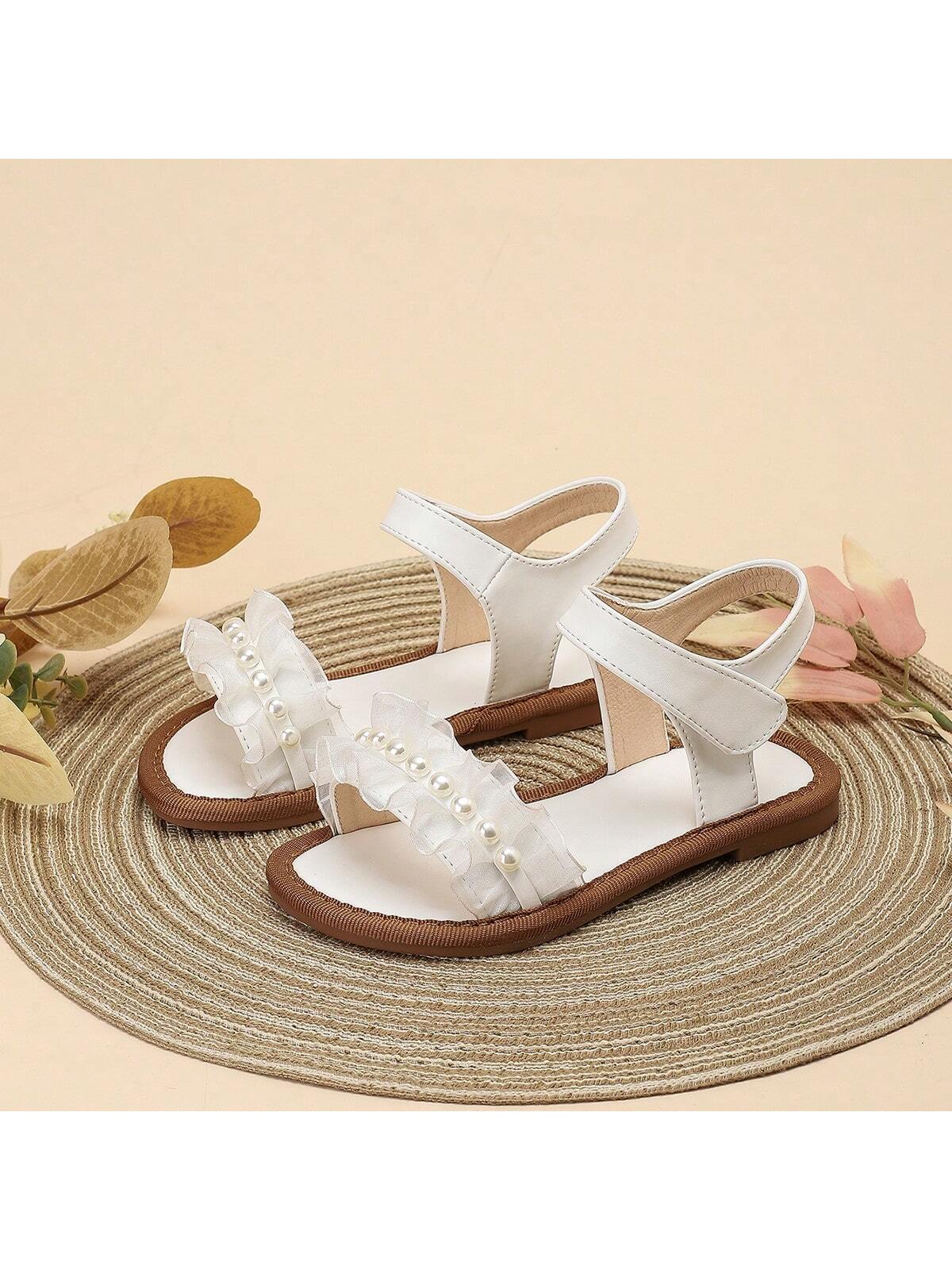 1 Pair Girls Children's Flat Cute Sandals With Lace & Pearl Decor White