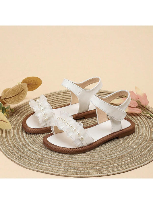1 Pair Girls Children's Flat Cute Sandals With Lace & Pearl Decor White