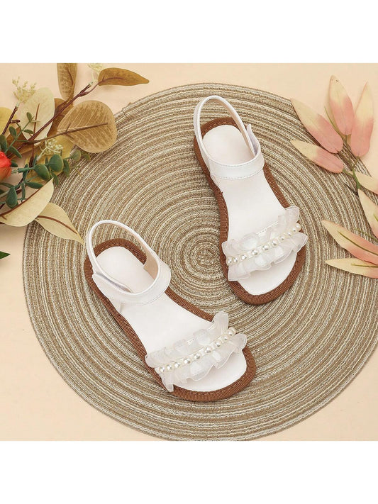 1 Pair Girls Children's Flat Cute Sandals With Lace & Pearl Decor