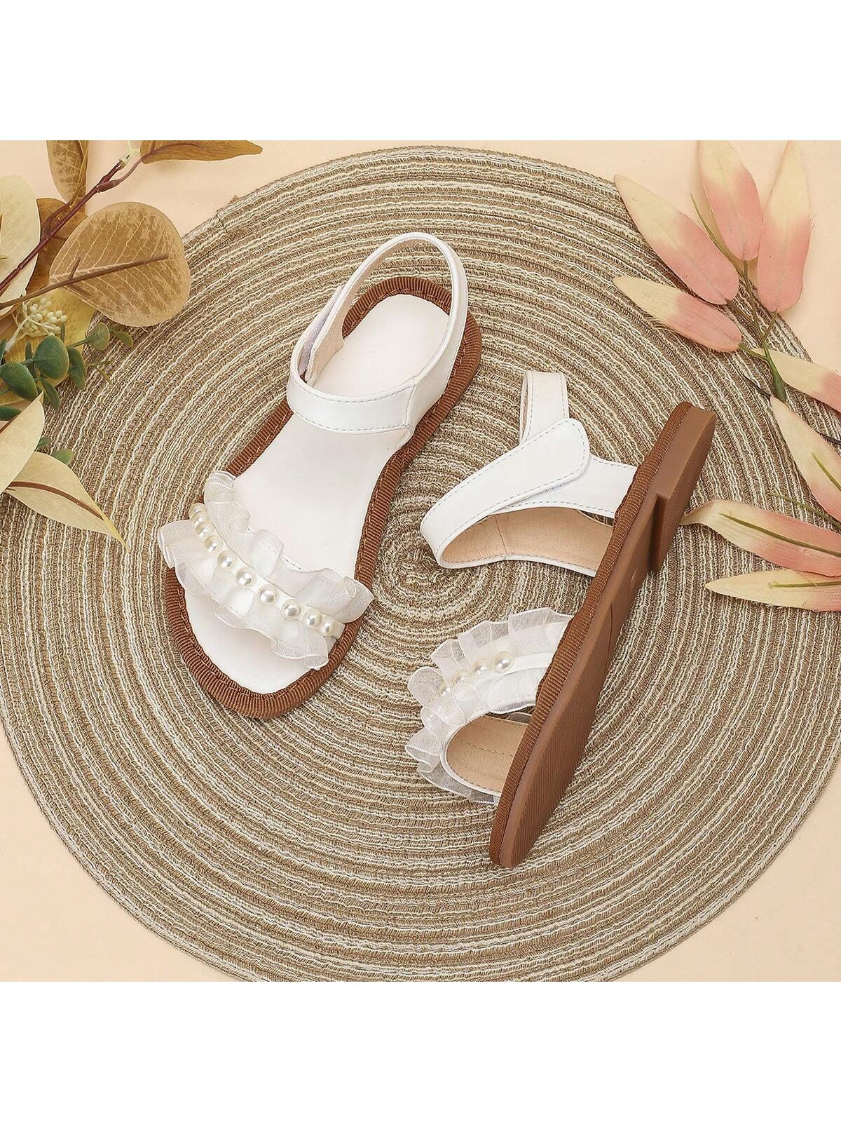 1 Pair Girls Children's Flat Cute Sandals With Lace & Pearl Decor