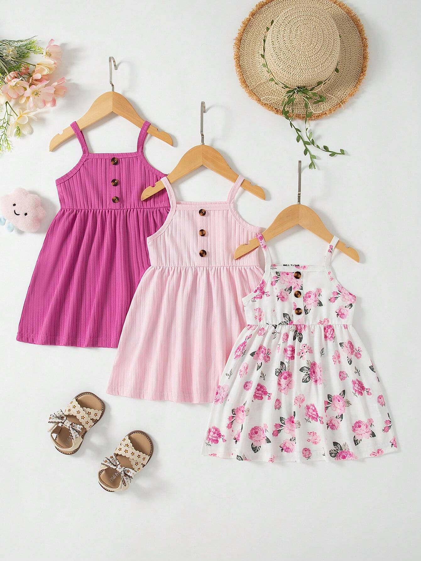 3pcs Baby Girls Floral Print Solid Ribbed Button Camisole Dress Set Multicolor 2