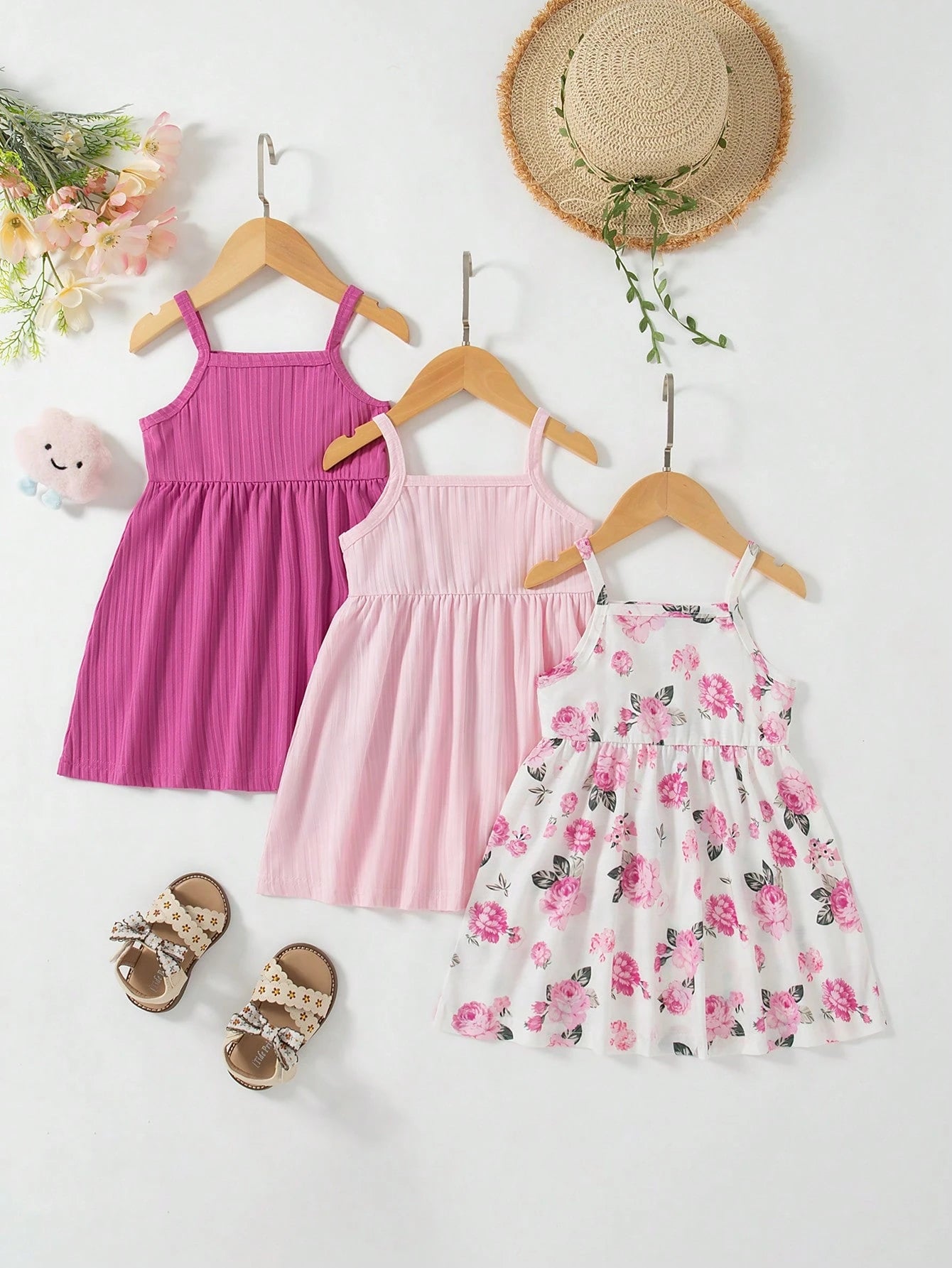 3pcs Baby Girls Floral Print Solid Ribbed Button Camisole Dress Set