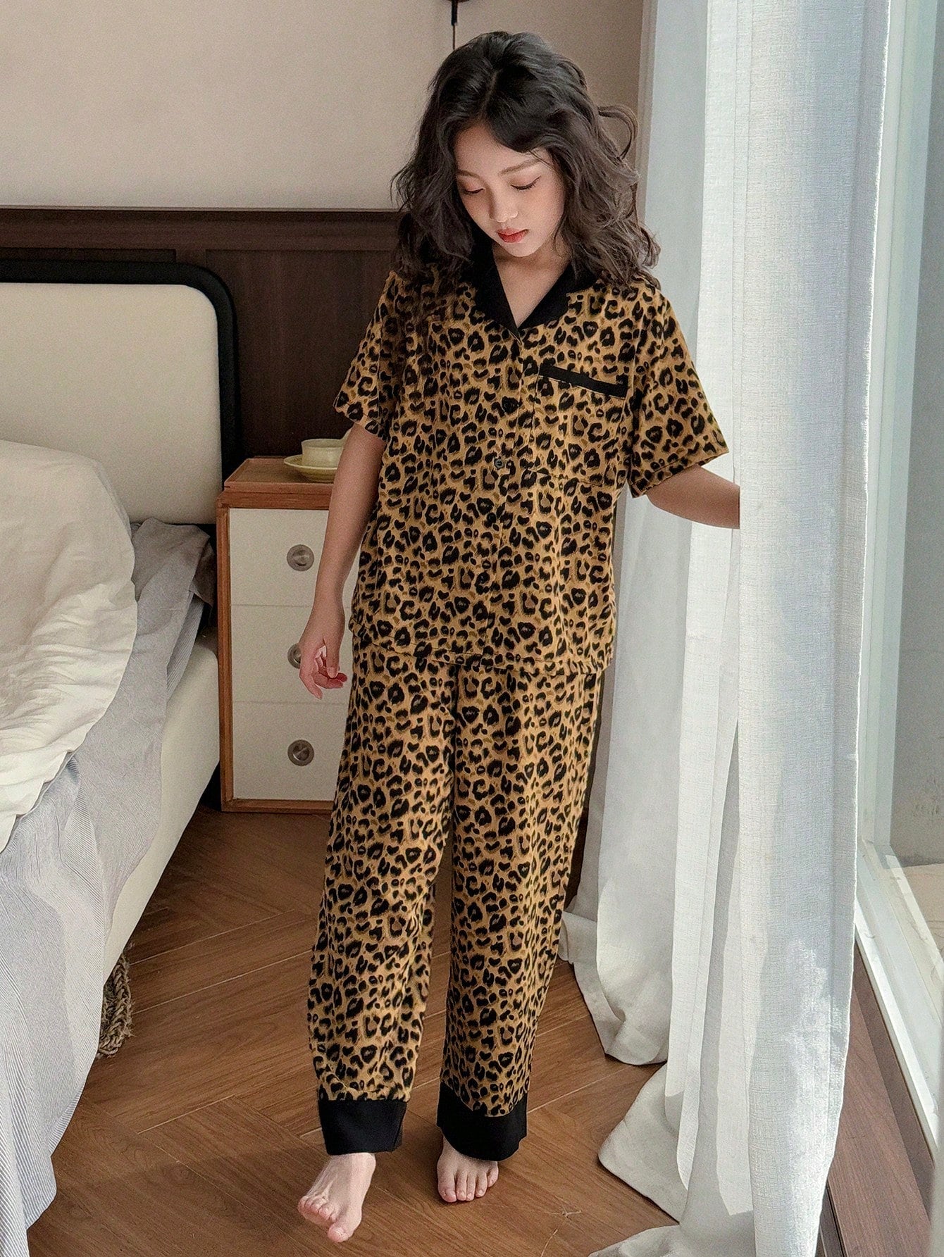 DAZY Girl's (Plus Size) Fall Leopard Print Short Sleeve Pants Pajama Set