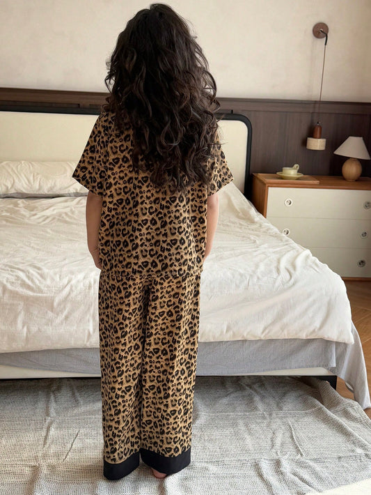 DAZY Girl's (Plus Size) Fall Leopard Print Short Sleeve Pants Pajama Set