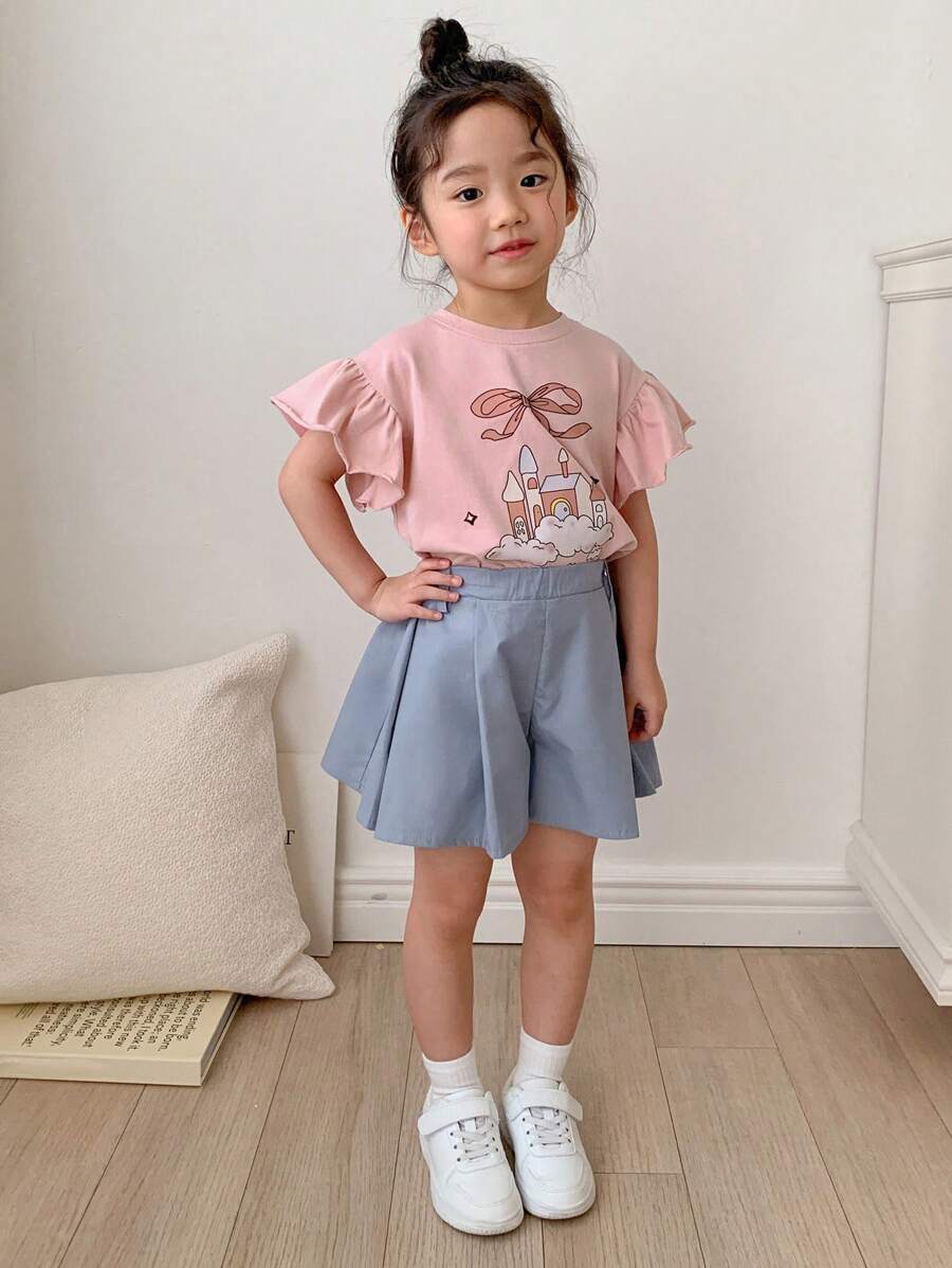 Young Girl Casual Butterfly & Castle Print Ruffle Sleeve Top And Shorts Pink