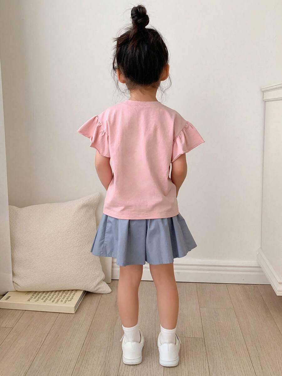 Young Girl Casual Butterfly & Castle Print Ruffle Sleeve Top And Shorts
