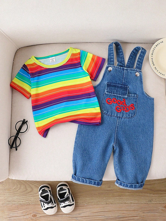 Baby Boys' Casual Colorful Stripe Printed Short Sleeve Round Neck T-Shirt And Pocket Denim Bib Pants Set Blue