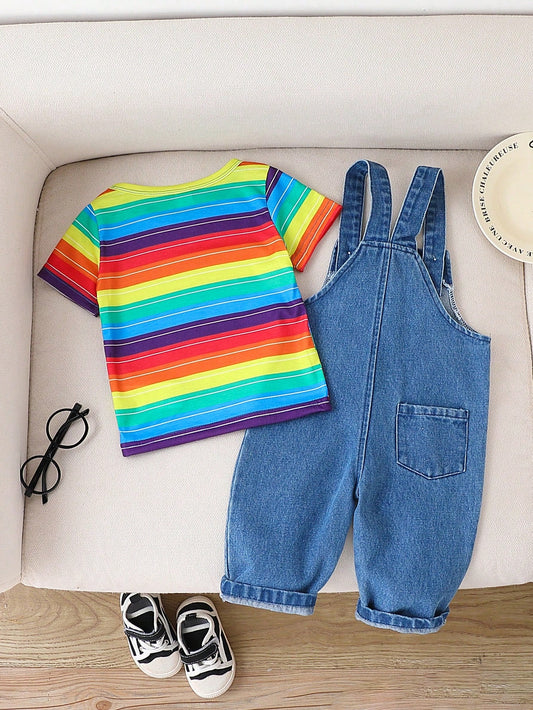 Baby Boys' Casual Colorful Stripe Printed Short Sleeve Round Neck T-Shirt And Pocket Denim Bib Pants Set
