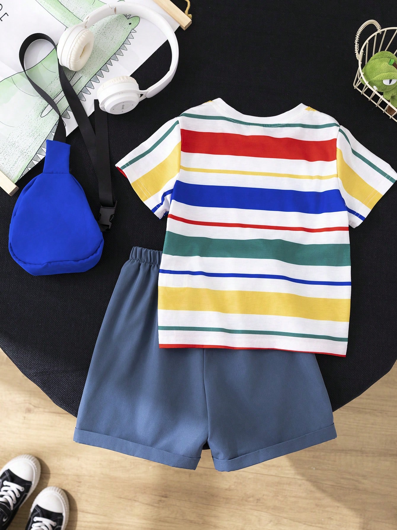 Young Boy Cute Dopamine Colorful Striped Dinosaur Animal 3D Backpack, Round Neck Short Sleeve Shirt And Shorts