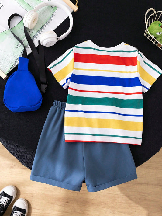 Young Boy Cute Dopamine Colorful Striped Dinosaur Animal 3D Backpack, Round Neck Short Sleeve Shirt And Shorts