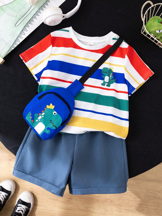 Young Boy Cute Dopamine Colorful Striped Dinosaur Animal 3D Backpack, Round Neck Short Sleeve Shirt And Shorts Multicolor