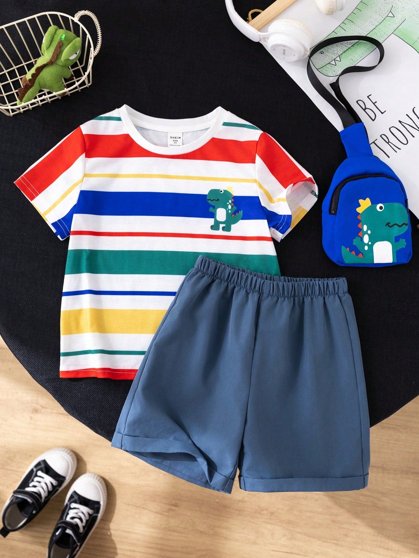 Young Boy Cute Dopamine Colorful Striped Dinosaur Animal 3D Backpack, Round Neck Short Sleeve Shirt And Shorts