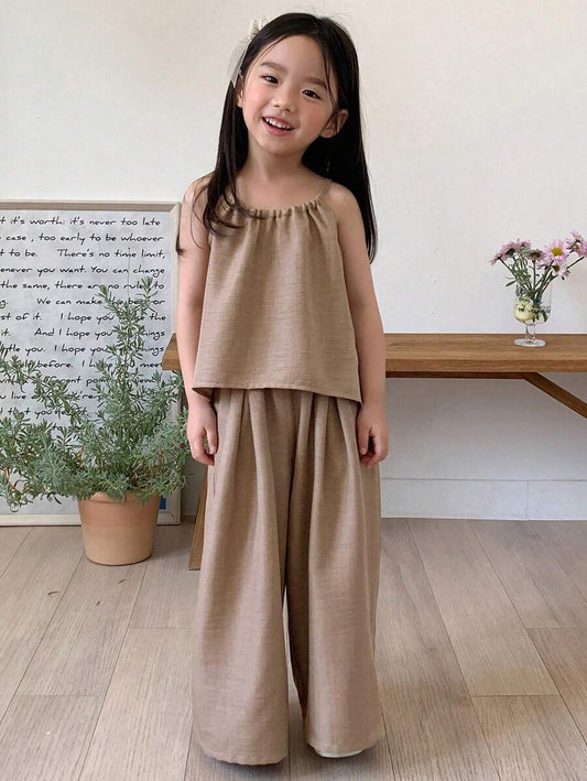 Young Girl Solid Color Pleated Loose Halter Tank Top And Pants Khaki