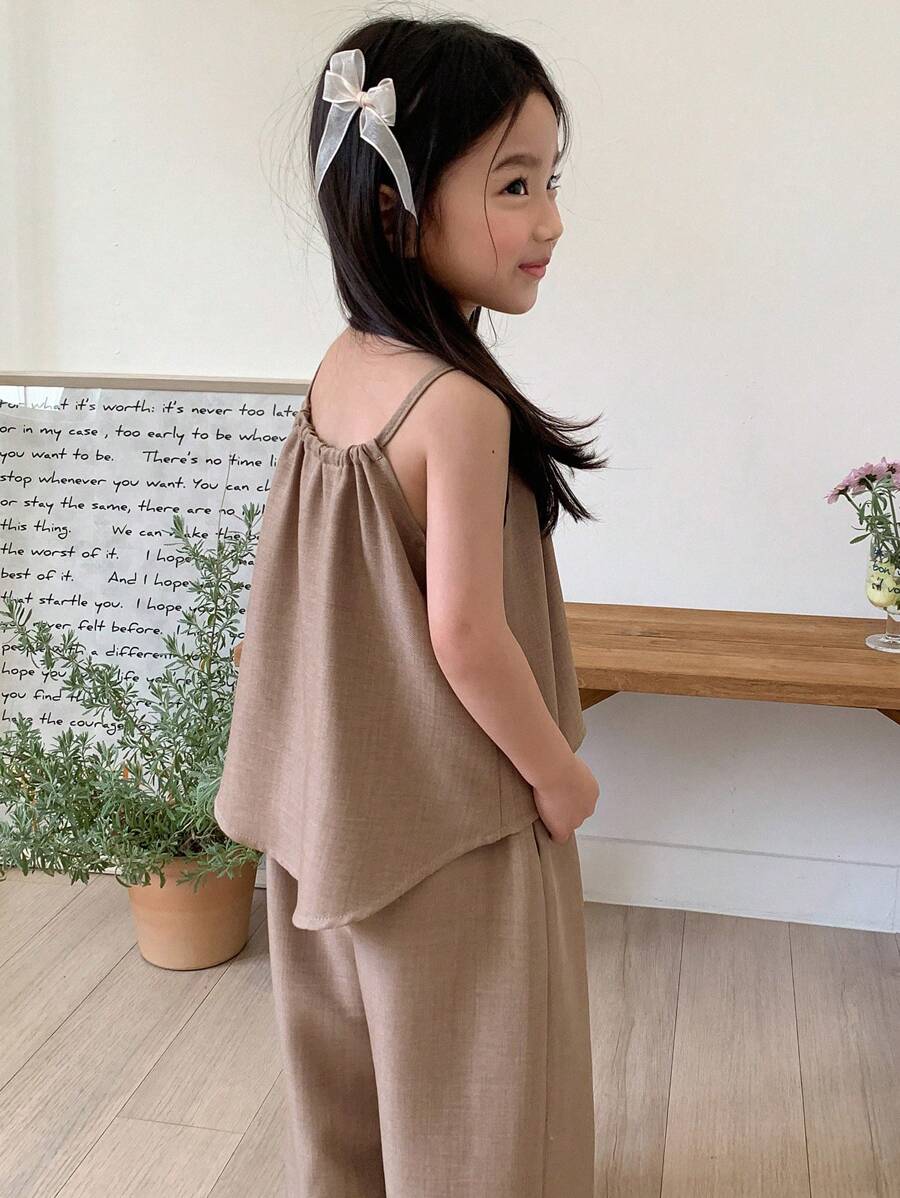 Young Girl Solid Color Pleated Loose Halter Tank Top And Pants