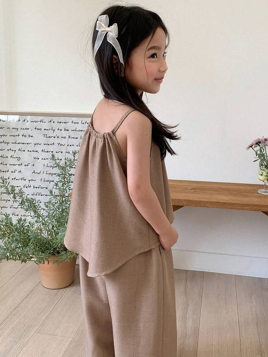 Young Girl Solid Color Pleated Loose Halter Tank Top And Pants