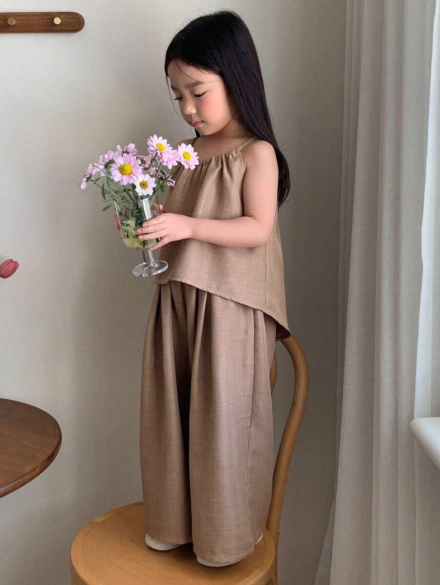 Young Girl Solid Color Pleated Loose Halter Tank Top And Pants