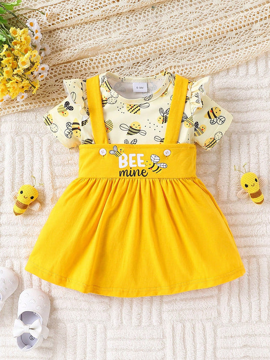 2pcs/Set Baby Girls Casual Cute Bee Full Print Romper And Bee Print Waist Suspender Skirt