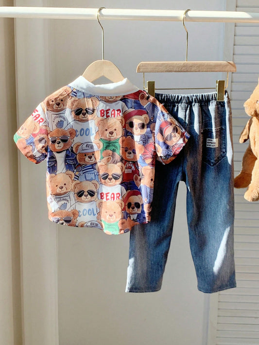 2pcs Kids Boy Cute Bear Print Contrast Color Short Sleeve Shirt And Elastic Waist Pants