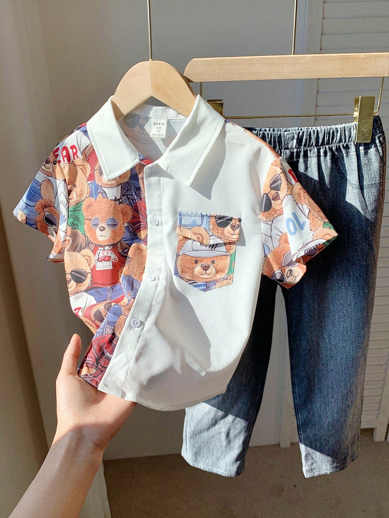 2pcs Kids Boy Cute Bear Print Contrast Color Short Sleeve Shirt And Elastic Waist Pants