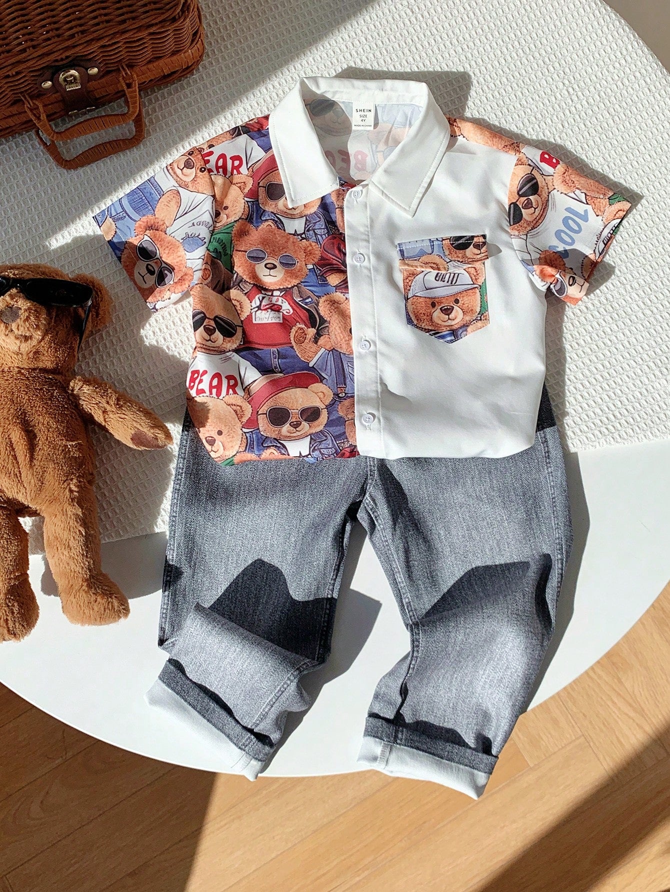 2pcs Kids Boy Cute Bear Print Contrast Color Short Sleeve Shirt And Elastic Waist Pants