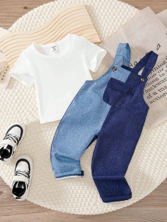 Baby Boy White T-Shirt With Contrasting Imitation Denim Print Suspender Pants Multicolor