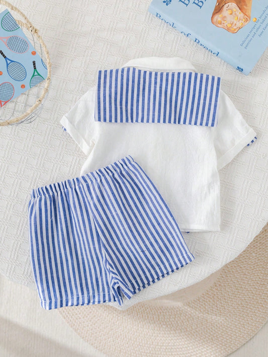 Baby Boy Plain Collar Short Sleeve Cardigan Shirt, Striped Shawl, Elastic Waist Striped Shorts