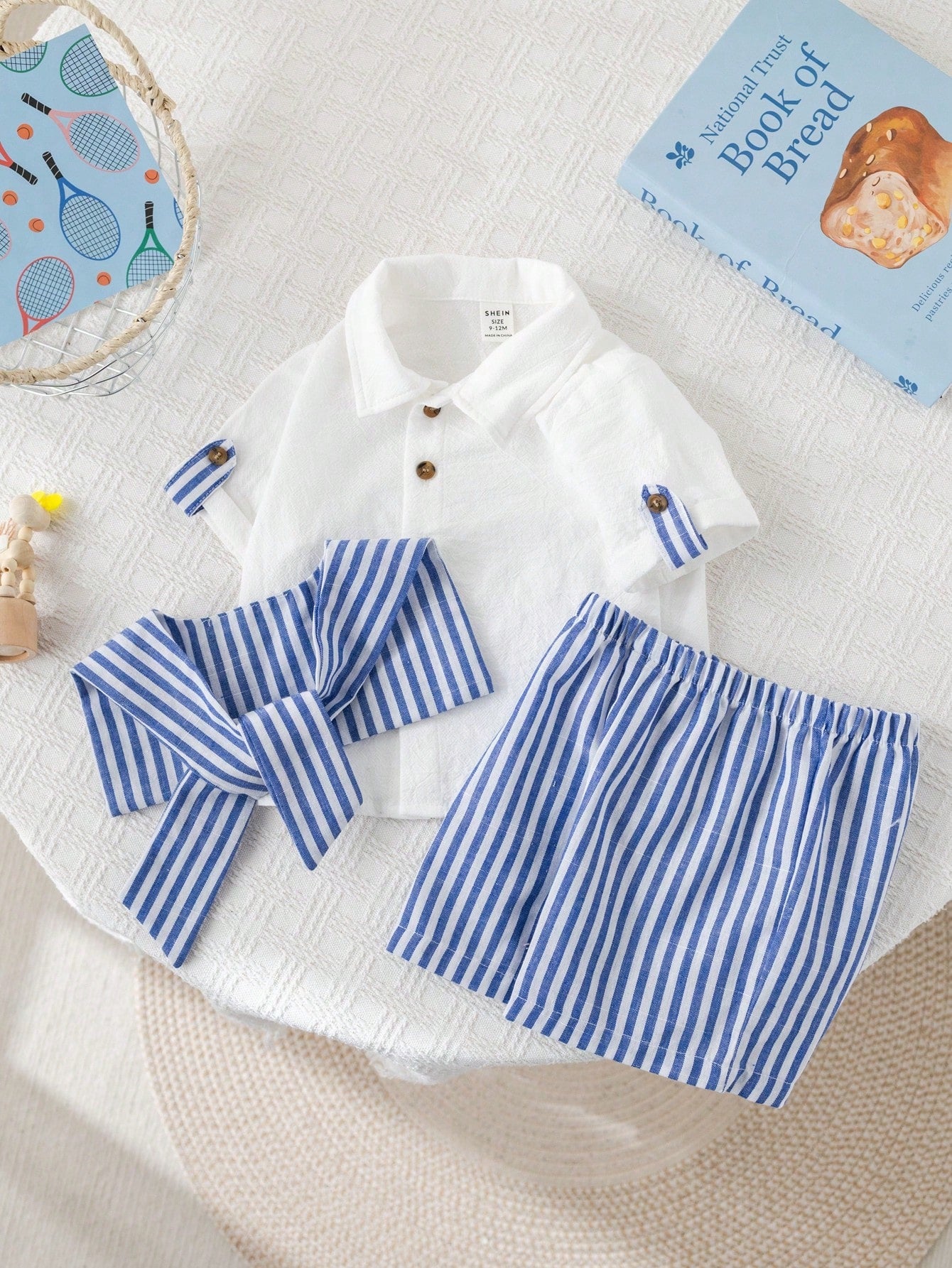 Baby Boy Plain Collar Short Sleeve Cardigan Shirt, Striped Shawl, Elastic Waist Striped Shorts