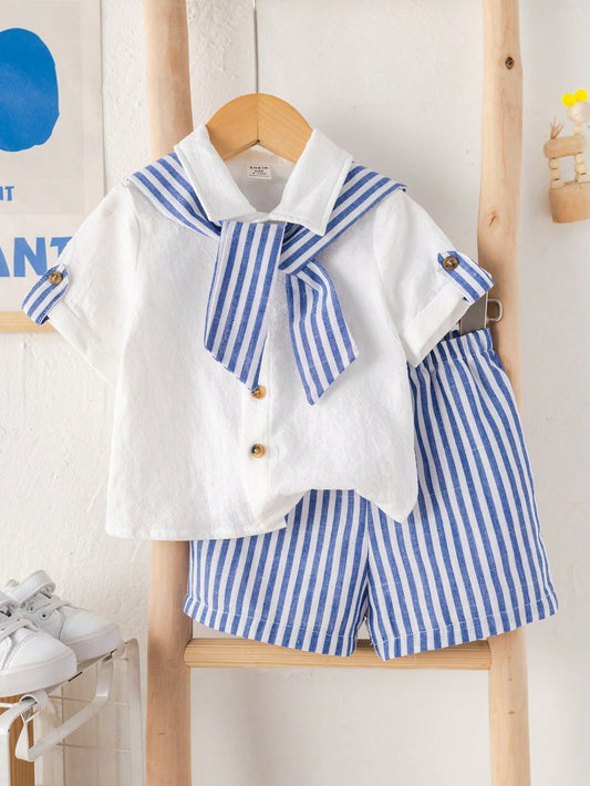 Baby Boy Plain Collar Short Sleeve Cardigan Shirt, Striped Shawl, Elastic Waist Striped Shorts Blue & White