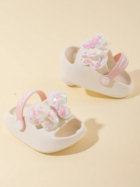 Girls' Fashion Cute Sequined Bow Open Toe Slippers Beige