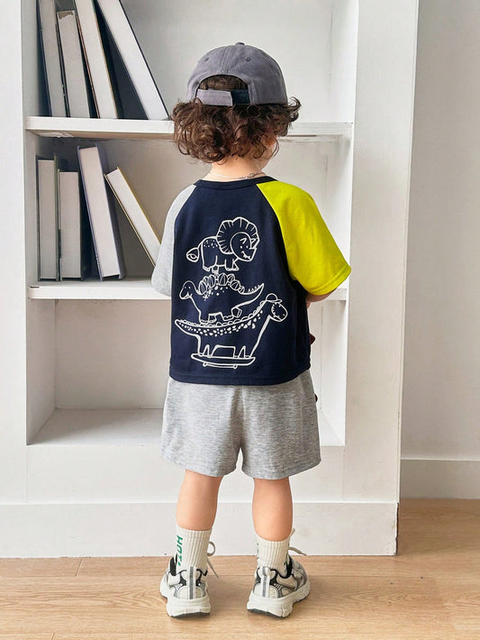 Toddler Boys/Girls Casual Funny Cute Dinosaur Print Loose T-Shirt And Gray Shorts Set Grey