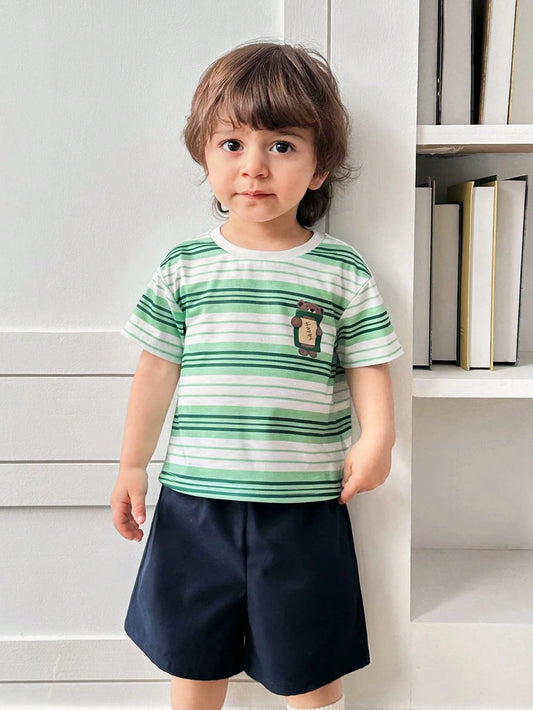 2pcs/Set Baby Boy/Girl Casual Cute Loose Dolman Sleeve Stripe Knit T-Shirt And Shorts Set