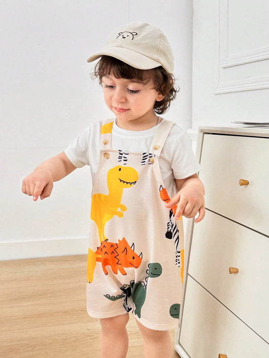 Baby Boys/Girls Casual Sports Style Cute Dinosaur Pattern Drop Shoulder Loose Knitted Rompers Multicolor