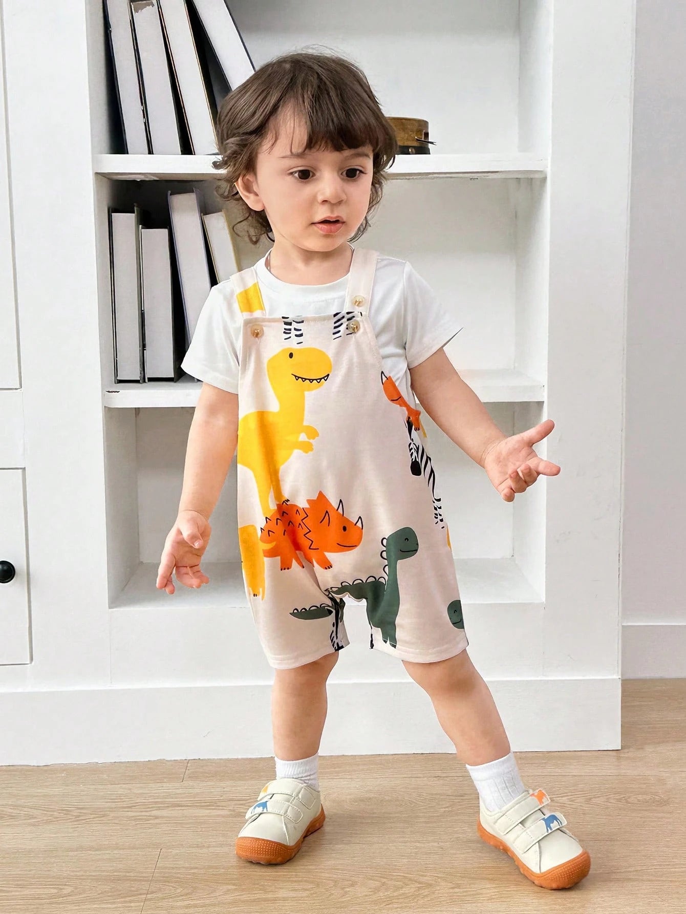 Baby Boys/Girls Casual Sports Style Cute Dinosaur Pattern Drop Shoulder Loose Knitted Rompers