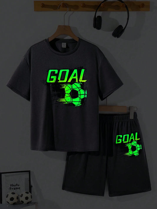 Casual Glow-In-The-Dark Graphic Short Sleeve Crew Neck T-Shirt And Elastic Waist Shorts