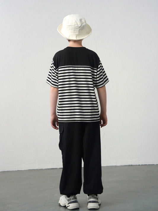 2pcs/Set Tween Boy Casual Solid & Striped Short Sleeve T-Shirt And Elastic Waist Cargo Pocket Pants