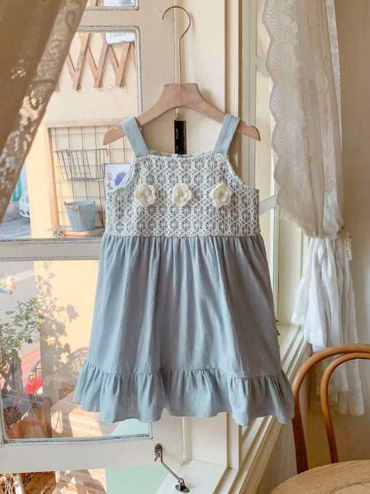 Young Girls' French Elegant Blue 3D Floral Decor Loose Camisole Dress Blue