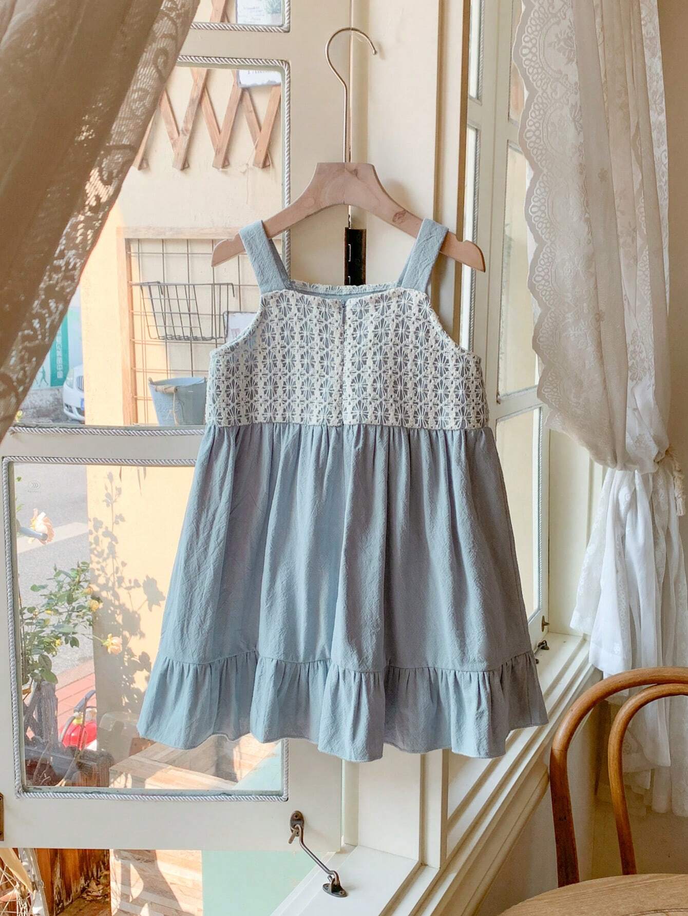 Young Girls' French Elegant Blue 3D Floral Decor Loose Camisole Dress