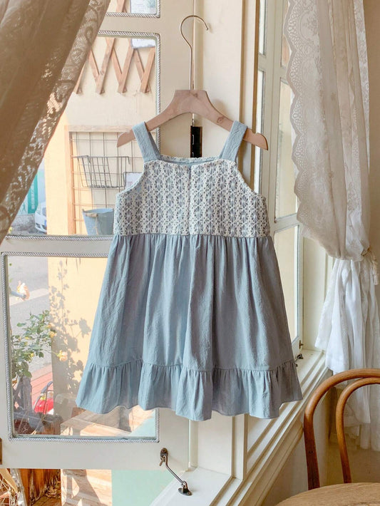 Young Girls' French Elegant Blue 3D Floral Decor Loose Camisole Dress
